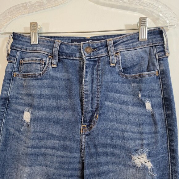 Hollister Distressed Jeans Size 5S/27 Stretch Medium Wash Denim Raw Hem Ultra Hi - Picture 3 of 10